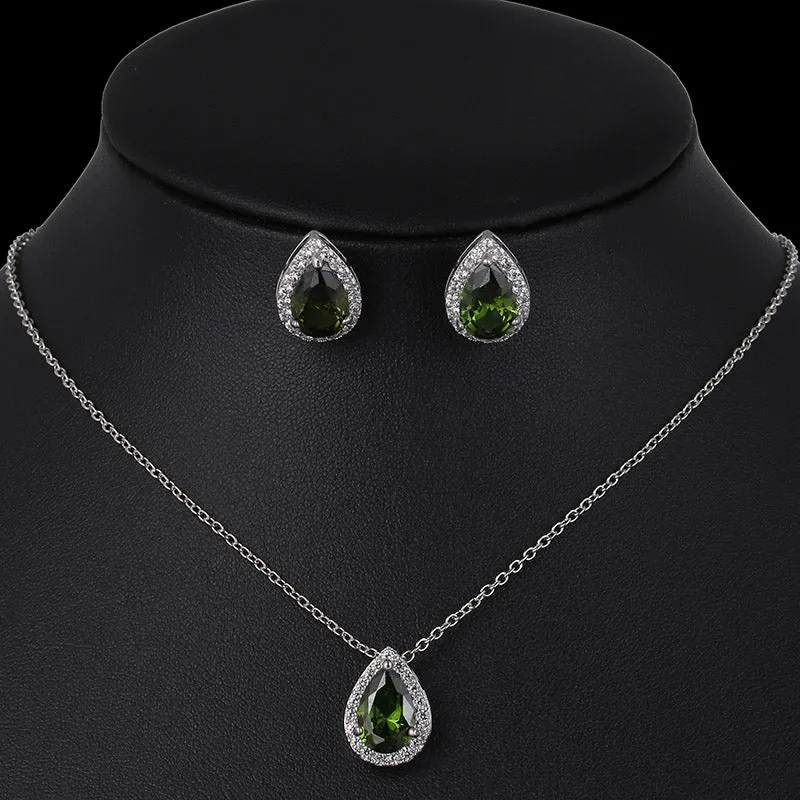 CZ Water Drop Crystal Luxury Pendant Necklace Set - 7 Colors