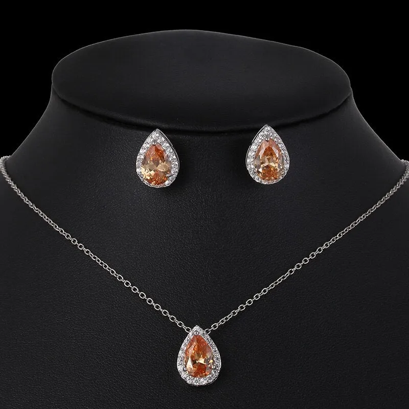 CZ Water Drop Crystal Luxury Pendant Necklace Set - 7 Colors