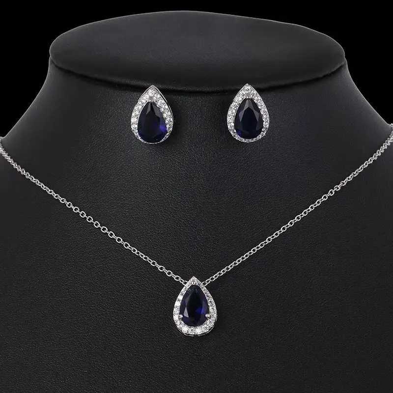 CZ Water Drop Crystal Luxury Pendant Necklace Set - 7 Colors