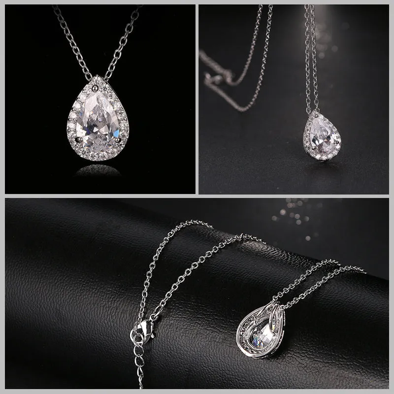 CZ Water Drop Crystal Luxury Pendant Necklace Set - 7 Colors