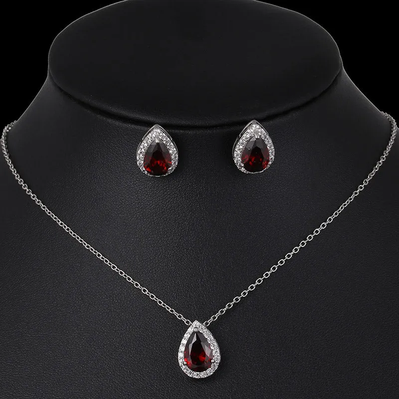 CZ Water Drop Crystal Luxury Pendant Necklace Set - 7 Colors