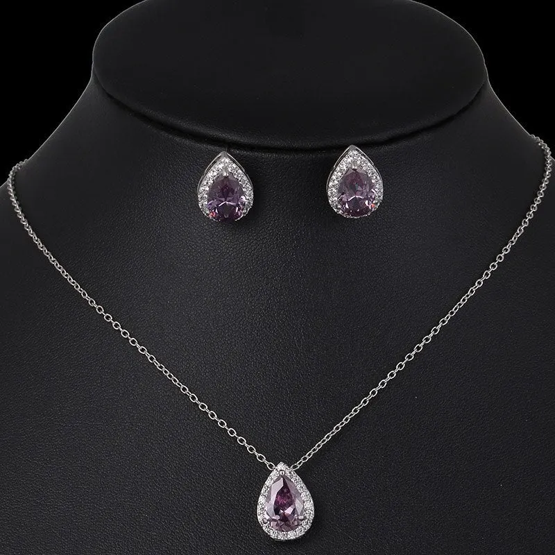 CZ Water Drop Crystal Luxury Pendant Necklace Set - 7 Colors