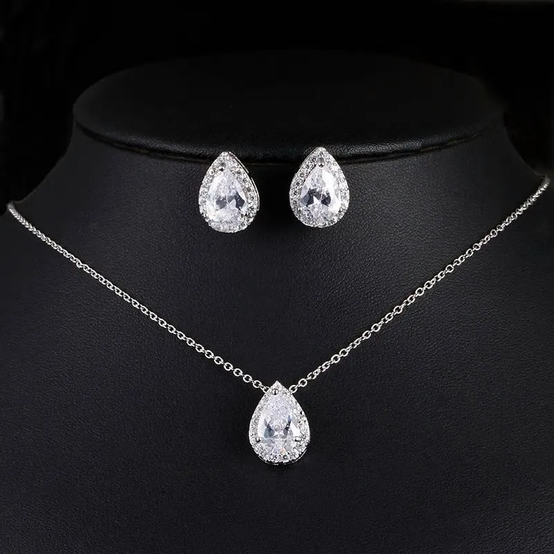 CZ Water Drop Crystal Luxury Pendant Necklace Set - 7 Colors