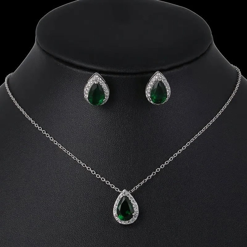 CZ Water Drop Crystal Luxury Pendant Necklace Set - 7 Colors