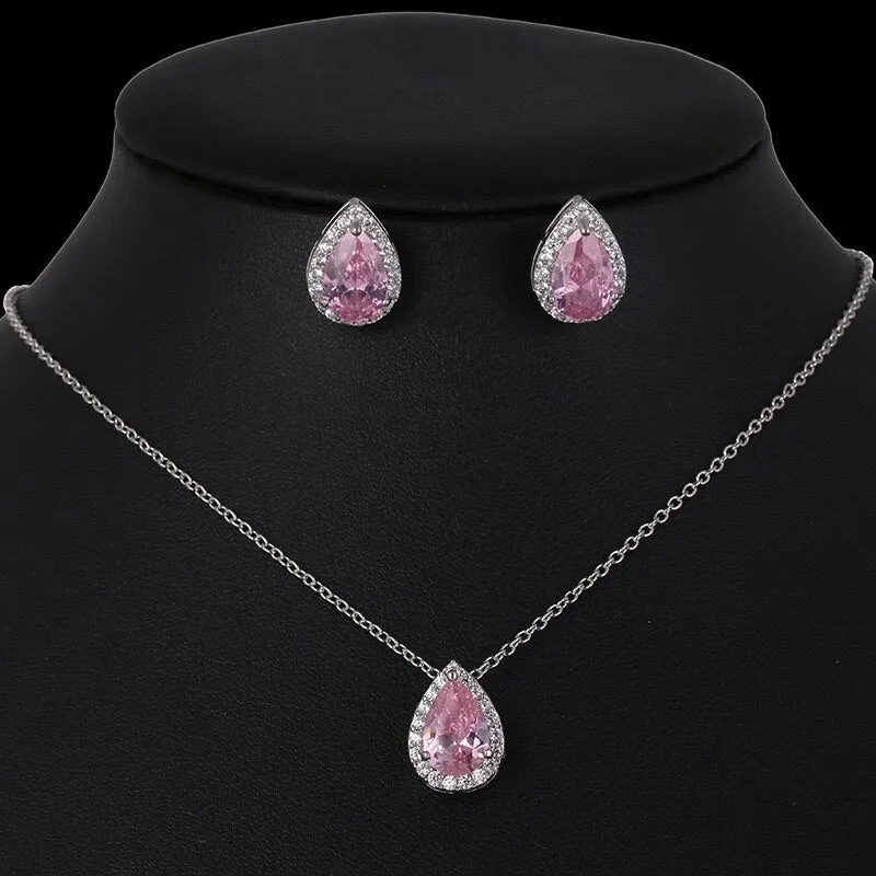 CZ Water Drop Crystal Luxury Pendant Necklace Set - 7 Colors