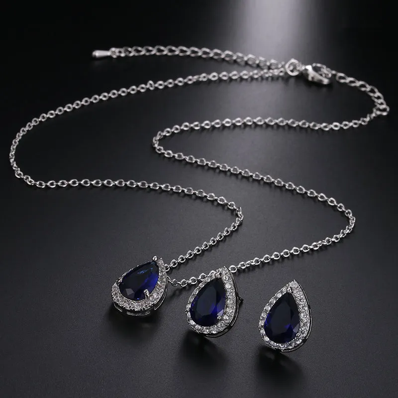 CZ Water Drop Crystal Luxury Pendant Necklace Set - 7 Colors