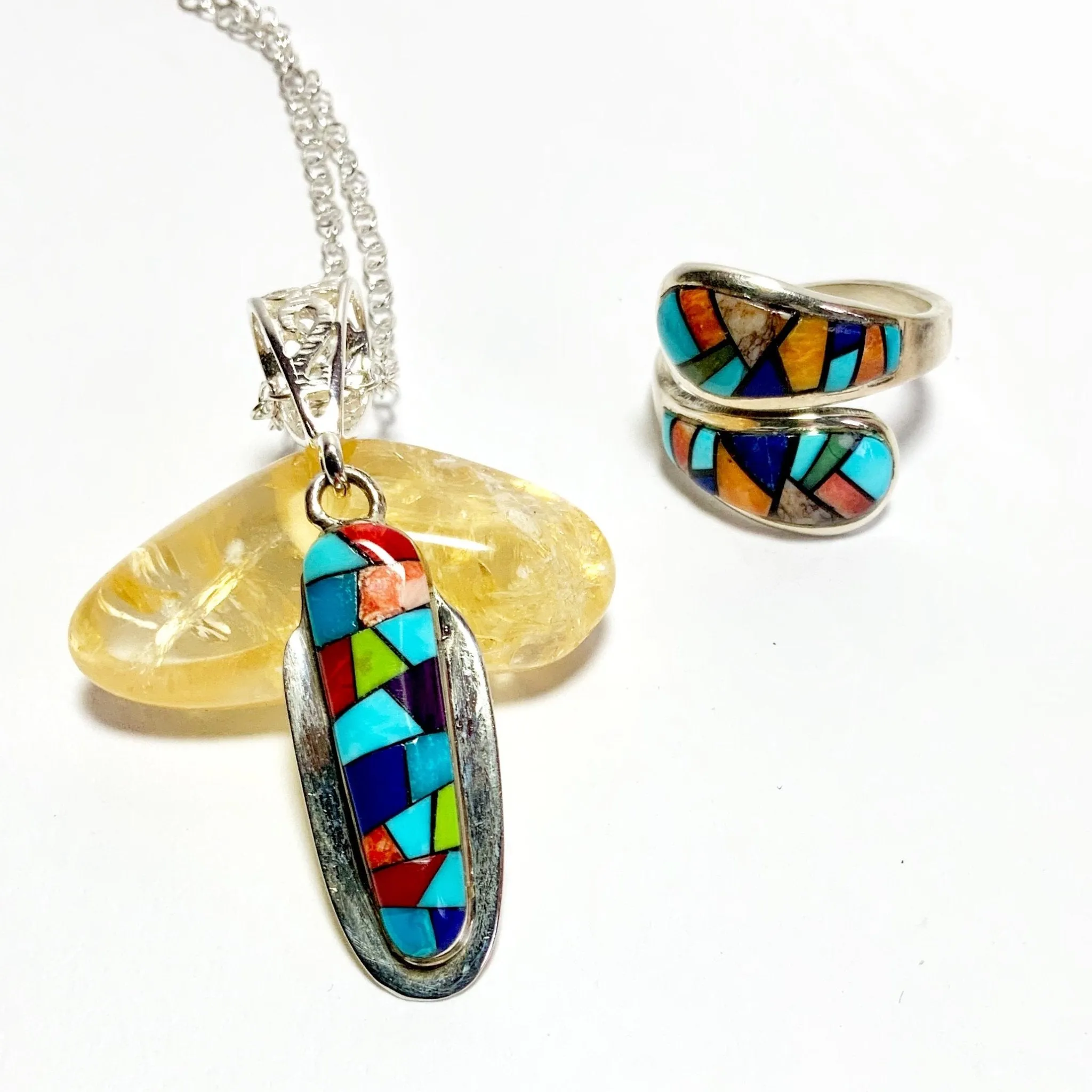 Desert Flowers Turquoise Inlay Pendant