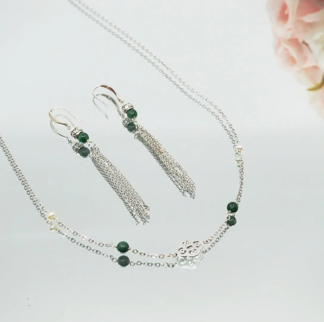 Elf Forest Long Necklace and Earrings Set Silver