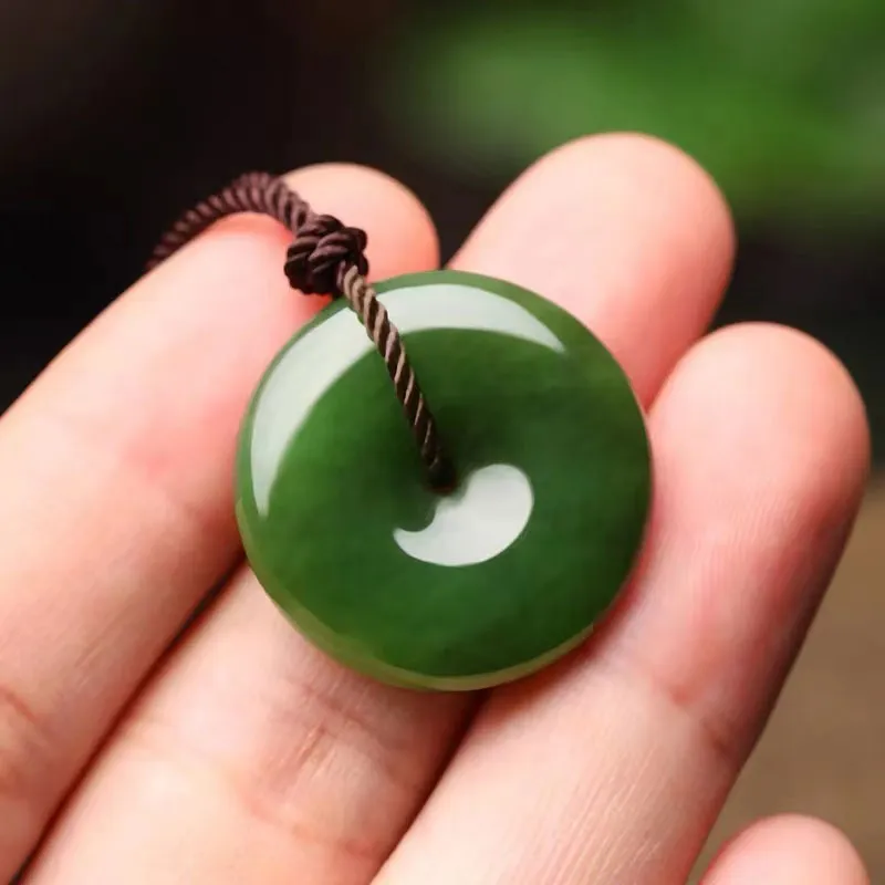 Emerald Green Natural Jadeite Jade Chinese「Ping An Kou」Pendant Necklace for Women and Men