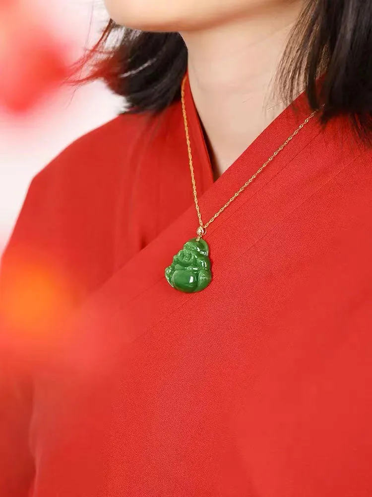 Emerald Green Natural Jadeite Jade Laughing Buddha「Happiness」Pendant Necklace for Men and Women