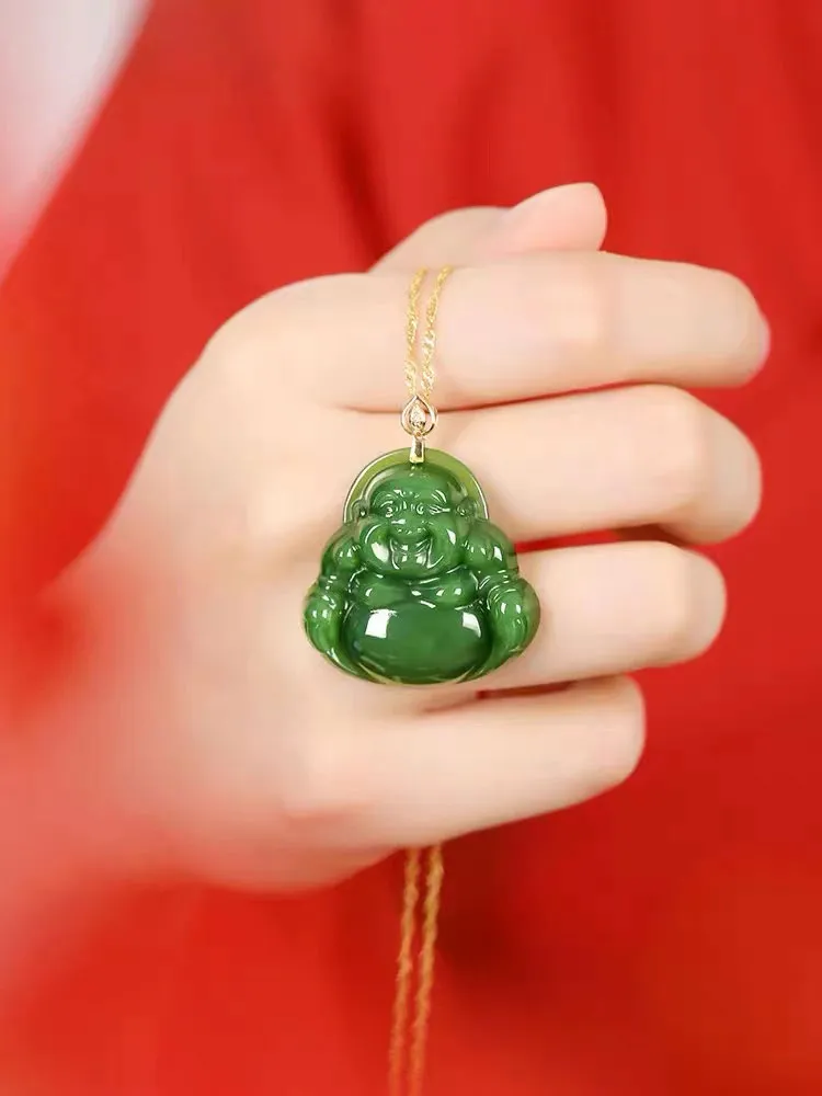 Emerald Green Natural Jadeite Jade Laughing Buddha「Happiness」Pendant Necklace for Men and Women