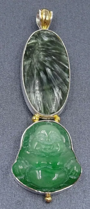 Epidote & Jadeite Buddha 925 Sterling Silver Pendant