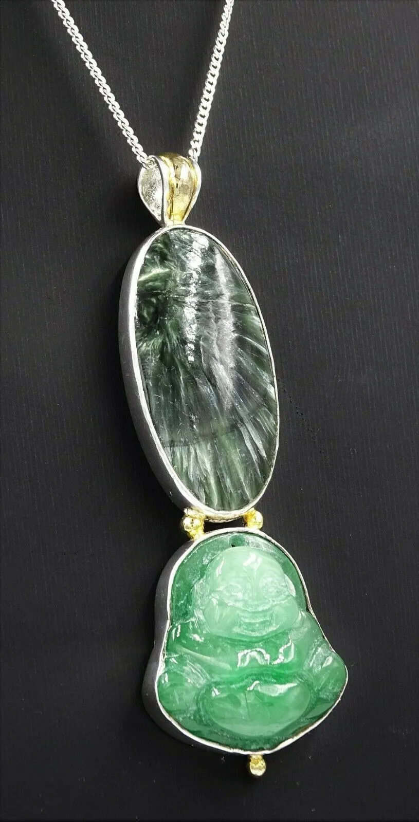 Epidote & Jadeite Buddha 925 Sterling Silver Pendant