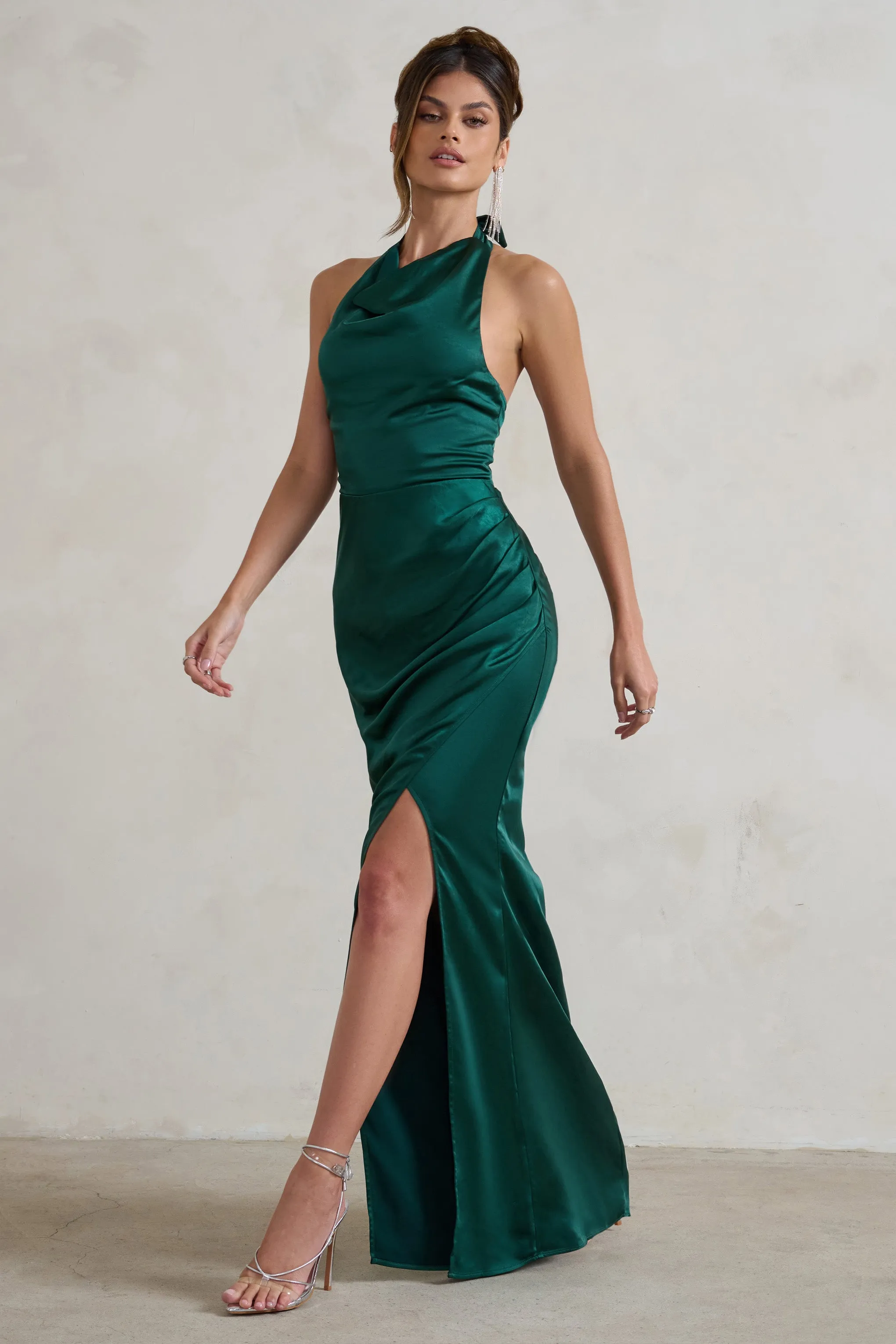 Forever Feature | Bottle Green High Neck Wrap Maxi Dress