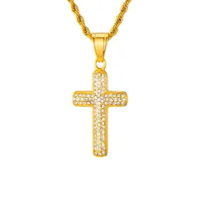 Gemstone-Studded Gold-Plated Cross Bling Stainless Steel Hip-hop Pendant Necklace