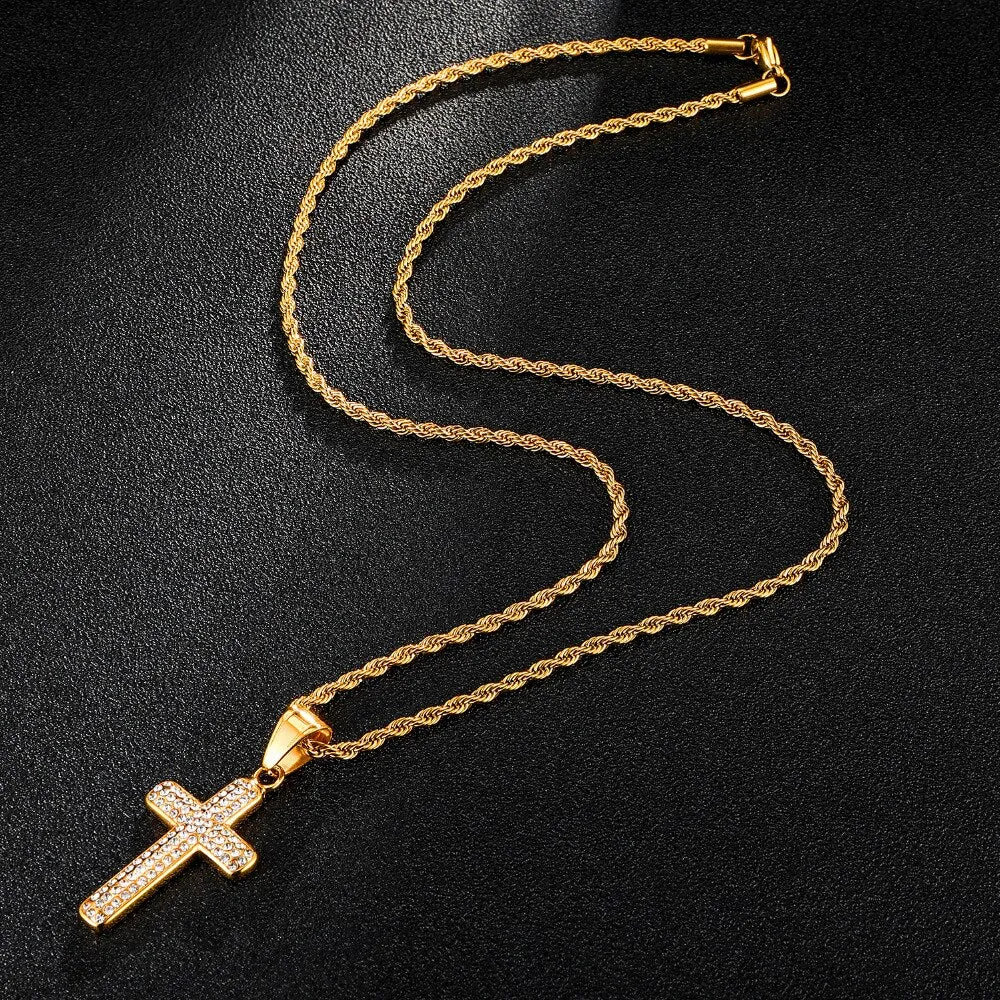 Gemstone-Studded Gold-Plated Cross Bling Stainless Steel Hip-hop Pendant Necklace