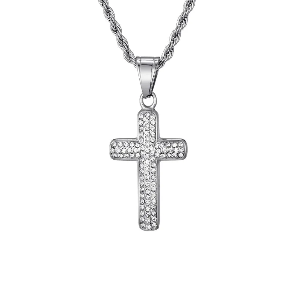 Gemstone-Studded Gold-Plated Cross Bling Stainless Steel Hip-hop Pendant Necklace