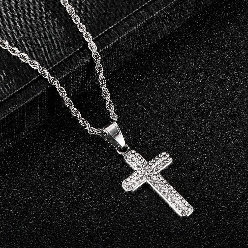 Gemstone-Studded Gold-Plated Cross Bling Stainless Steel Hip-hop Pendant Necklace