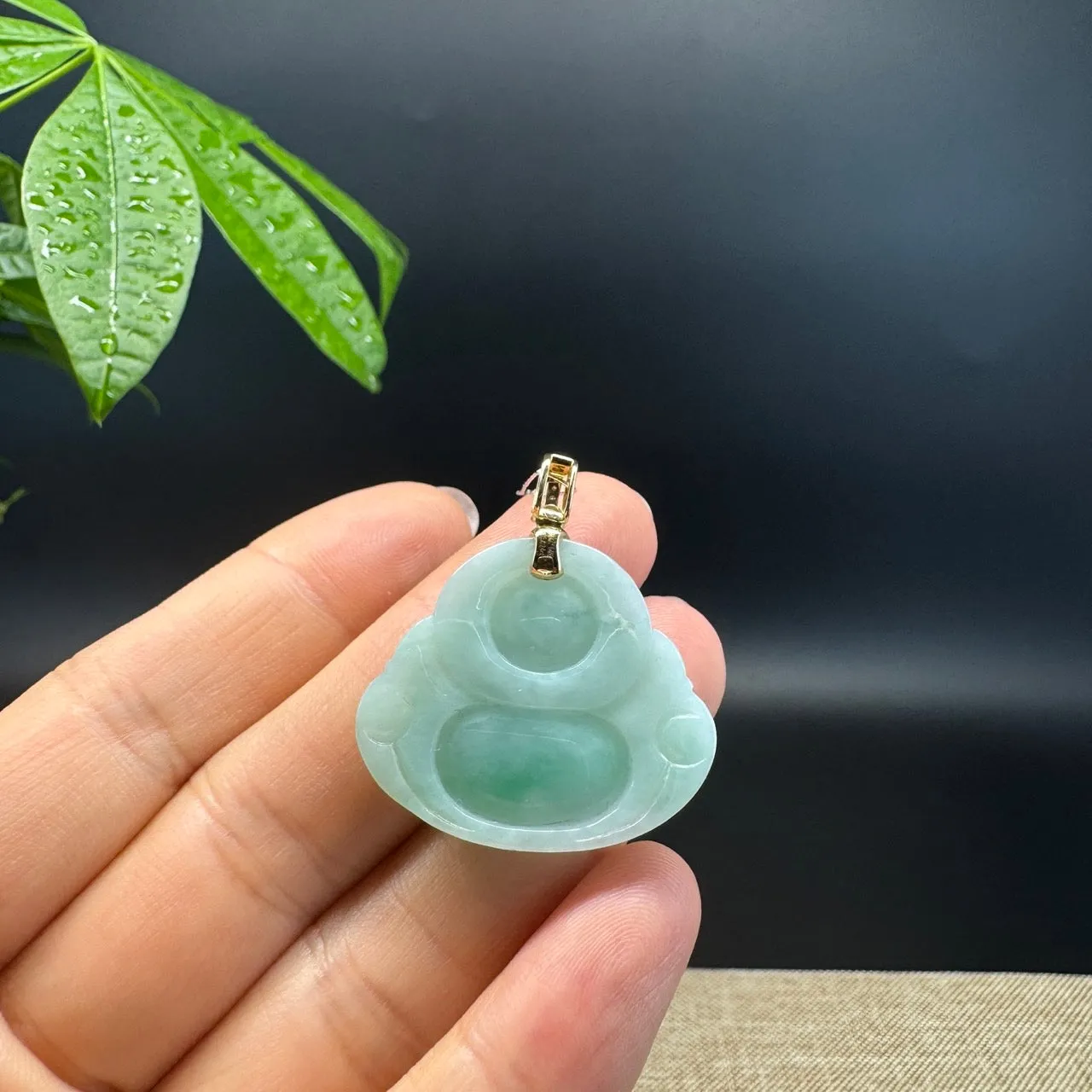 Genuine Burmese Green Jadeite Jade Happy Buddha Pendant with Diamond Bail