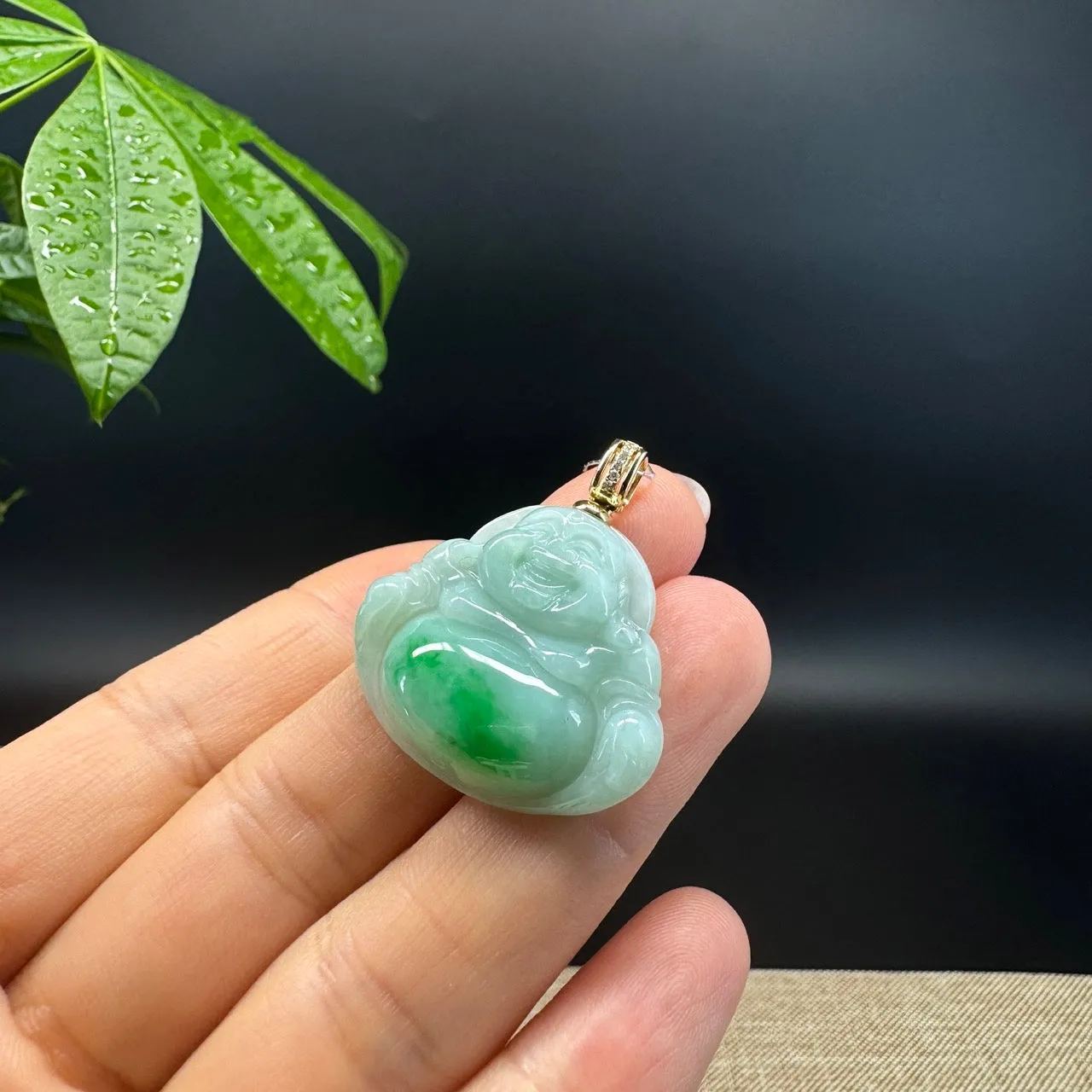 Genuine Burmese Green Jadeite Jade Happy Buddha Pendant with Diamond Bail