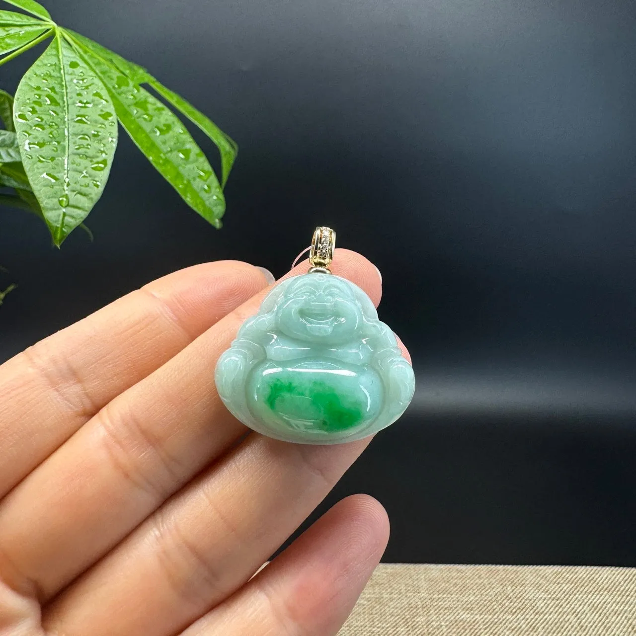 Genuine Burmese Green Jadeite Jade Happy Buddha Pendant with Diamond Bail