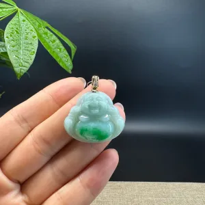 Genuine Burmese Green Jadeite Jade Happy Buddha Pendant with Diamond Bail