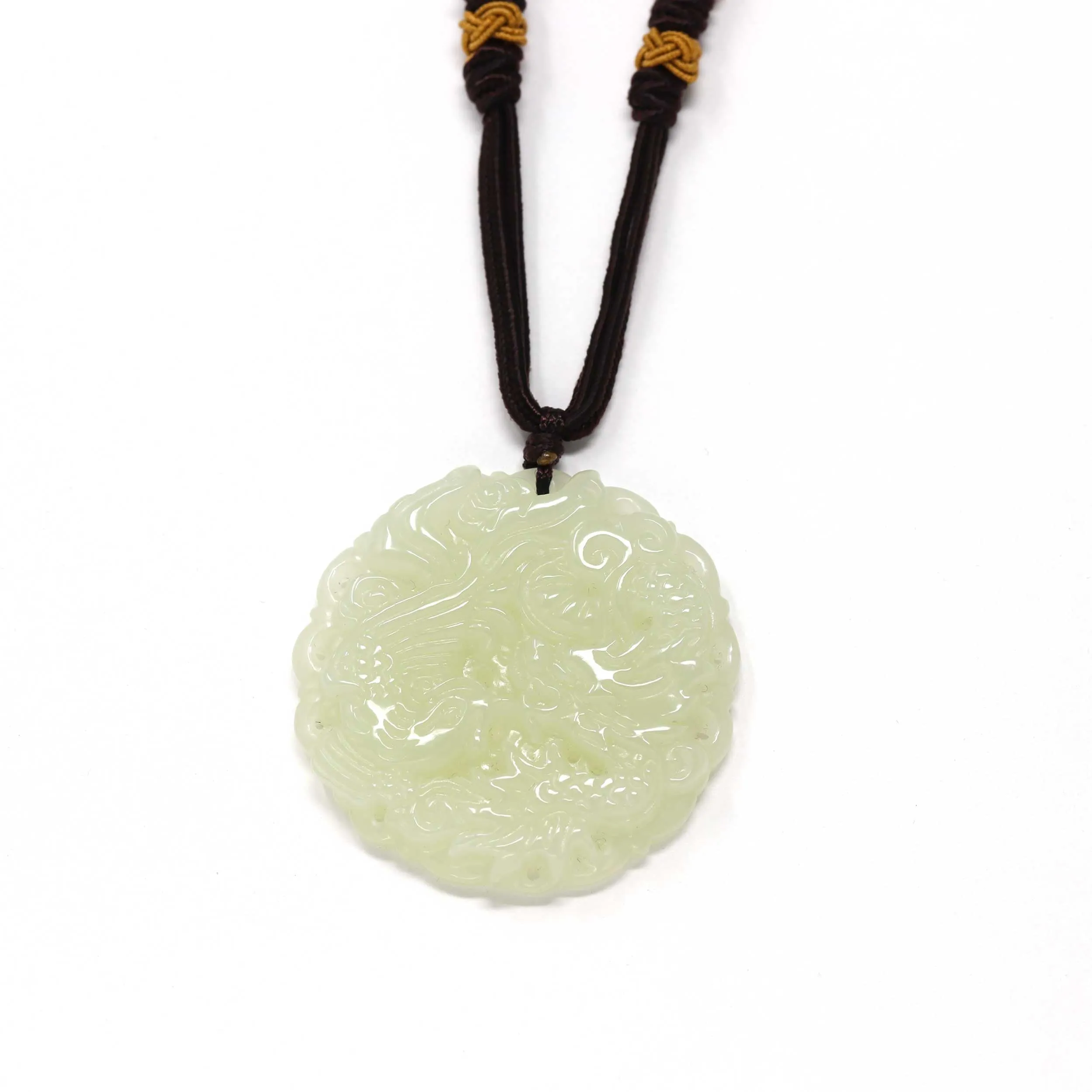 Genuine Nephrite White Jade Dragon & Phoenix Pendant Necklace