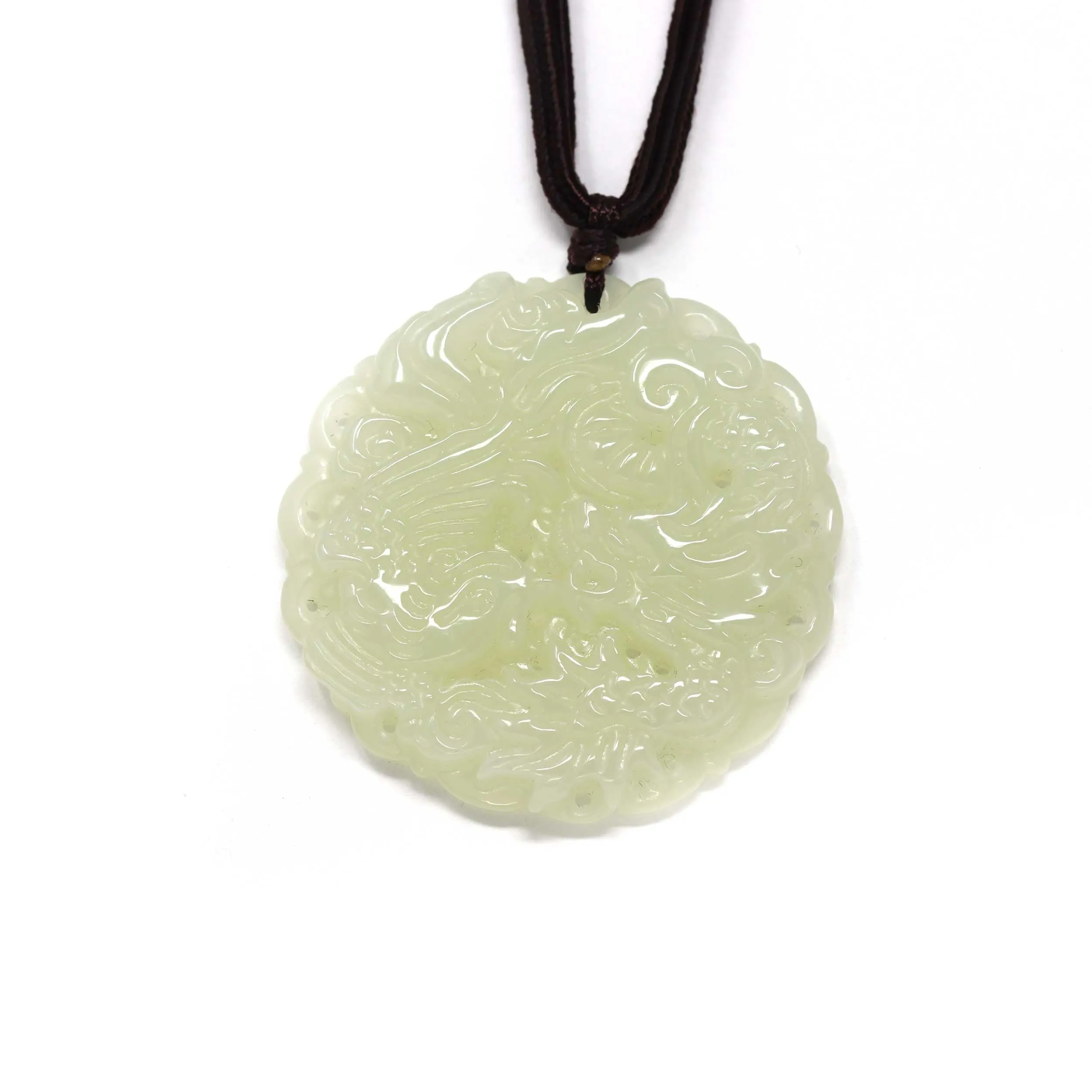 Genuine Nephrite White Jade Dragon & Phoenix Pendant Necklace