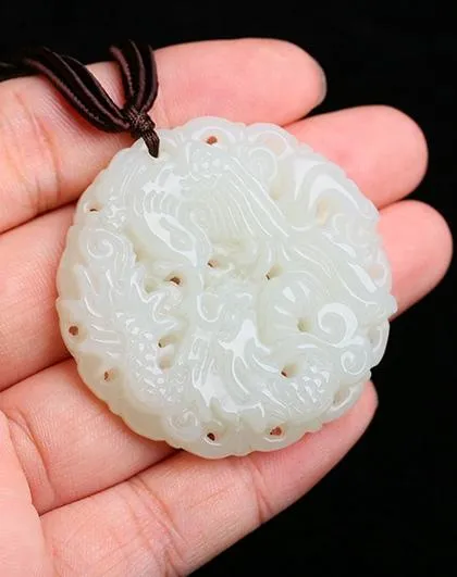 Genuine Nephrite White Jade Dragon & Phoenix Pendant Necklace