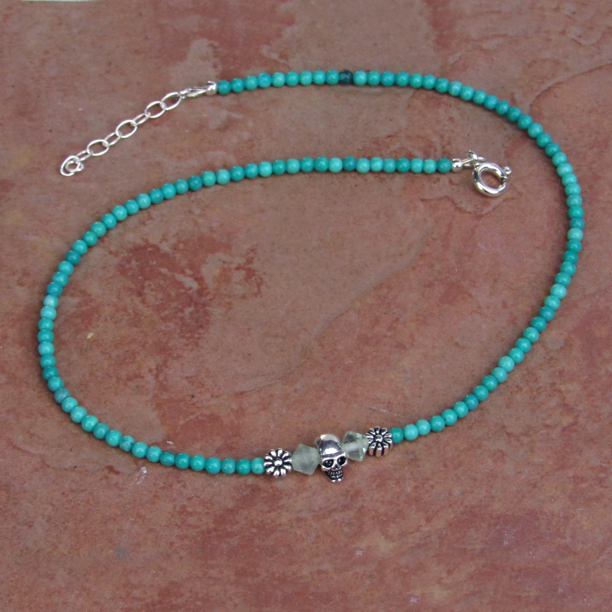 Genuine Turquoise, Apatite, Sterling Silver Skull and Clasp and Chain Choker/Necklace