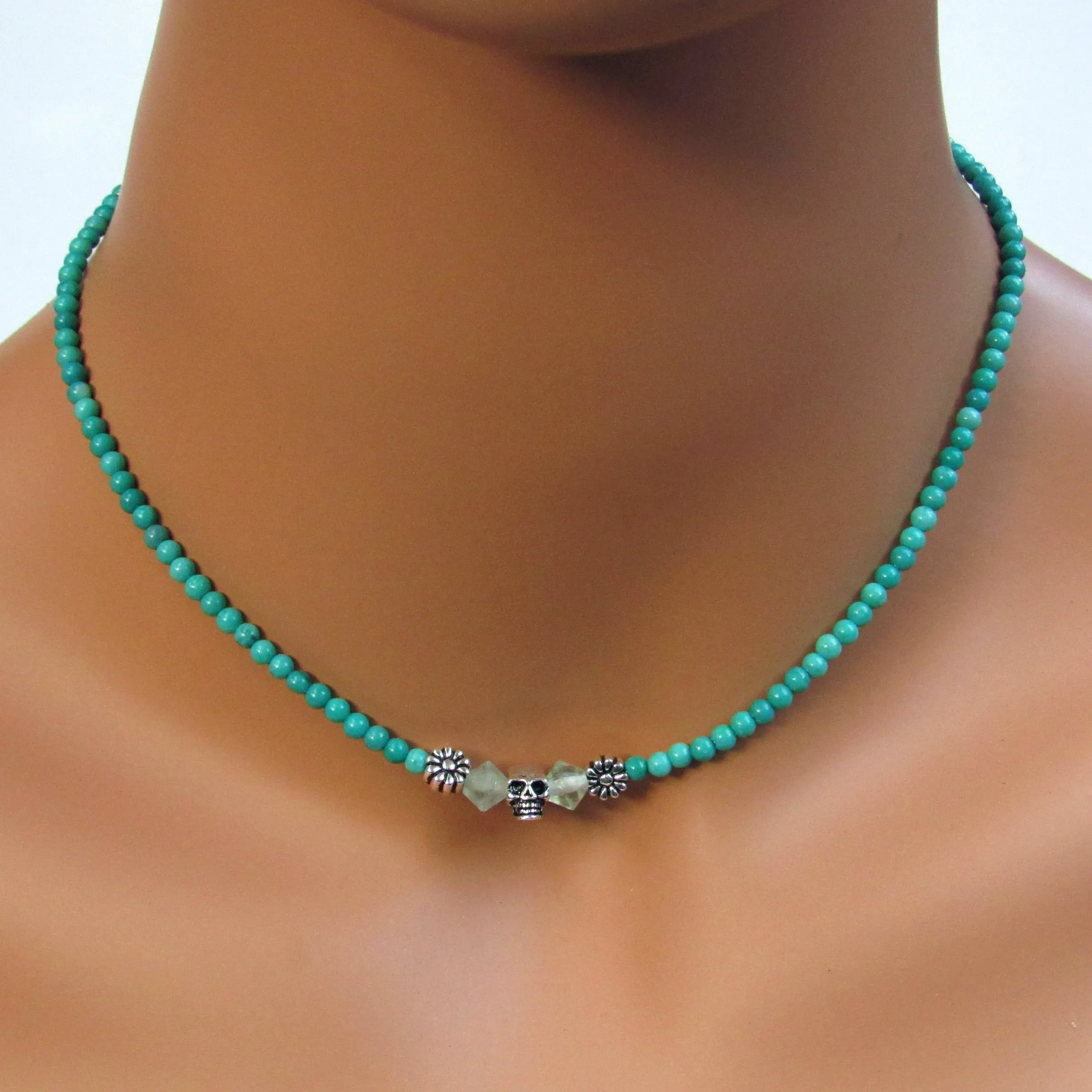 Genuine Turquoise, Apatite, Sterling Silver Skull and Clasp and Chain Choker/Necklace