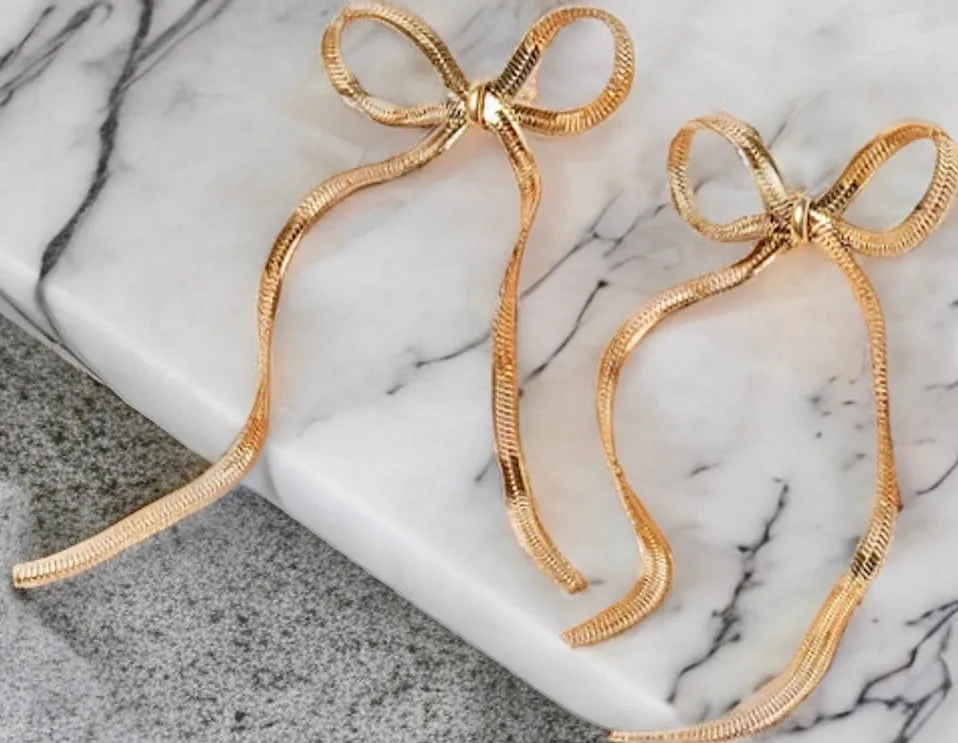 Gold Bow Tie Herringbone Drop Earrings