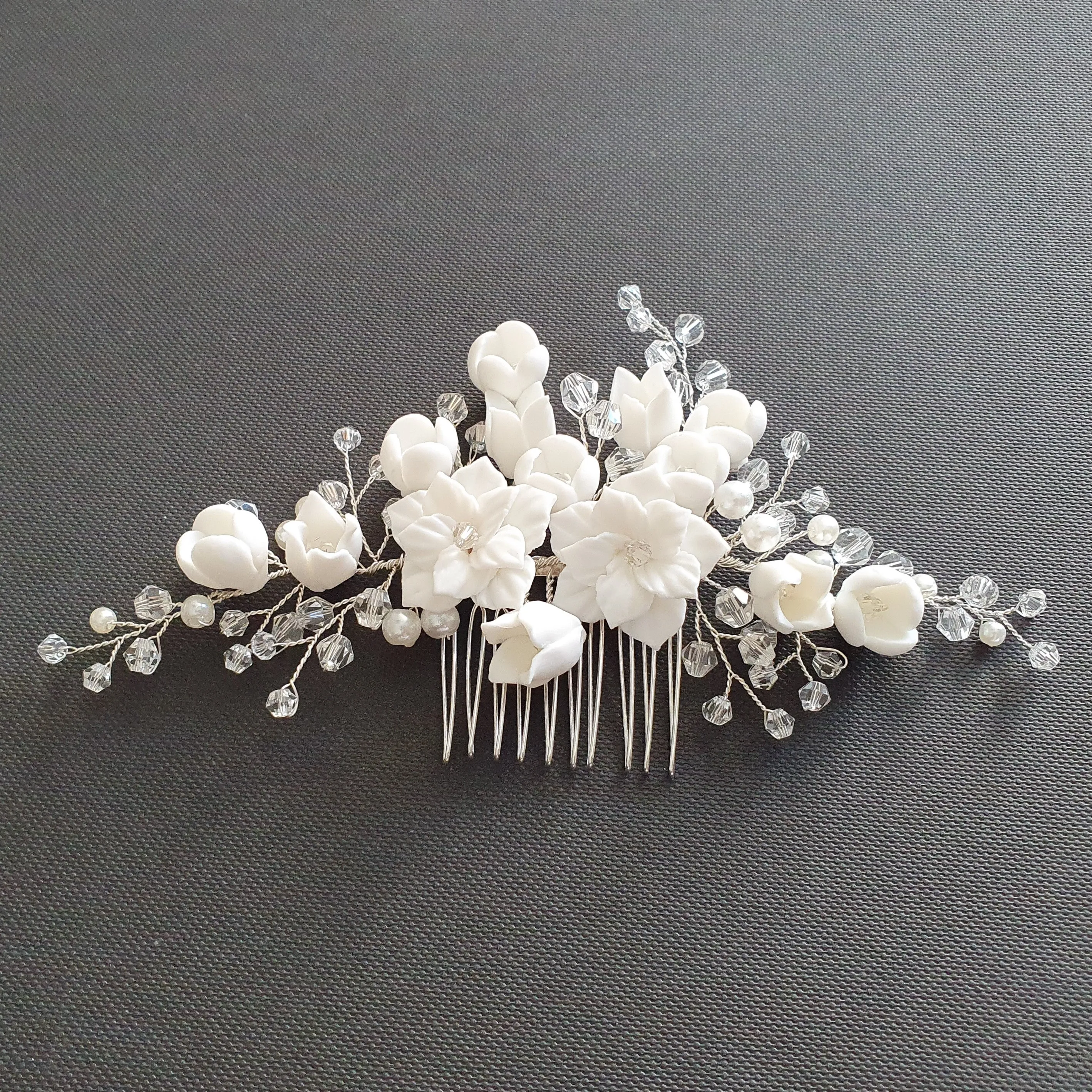 Gold Bridal Hair Comb with White Porcelain Flower & Crystal Beads-Tulip