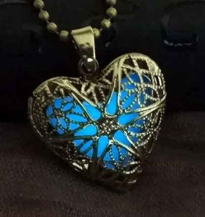 Gold Filigree Heart Glow in the Dark Heart Pendant Long Necklace