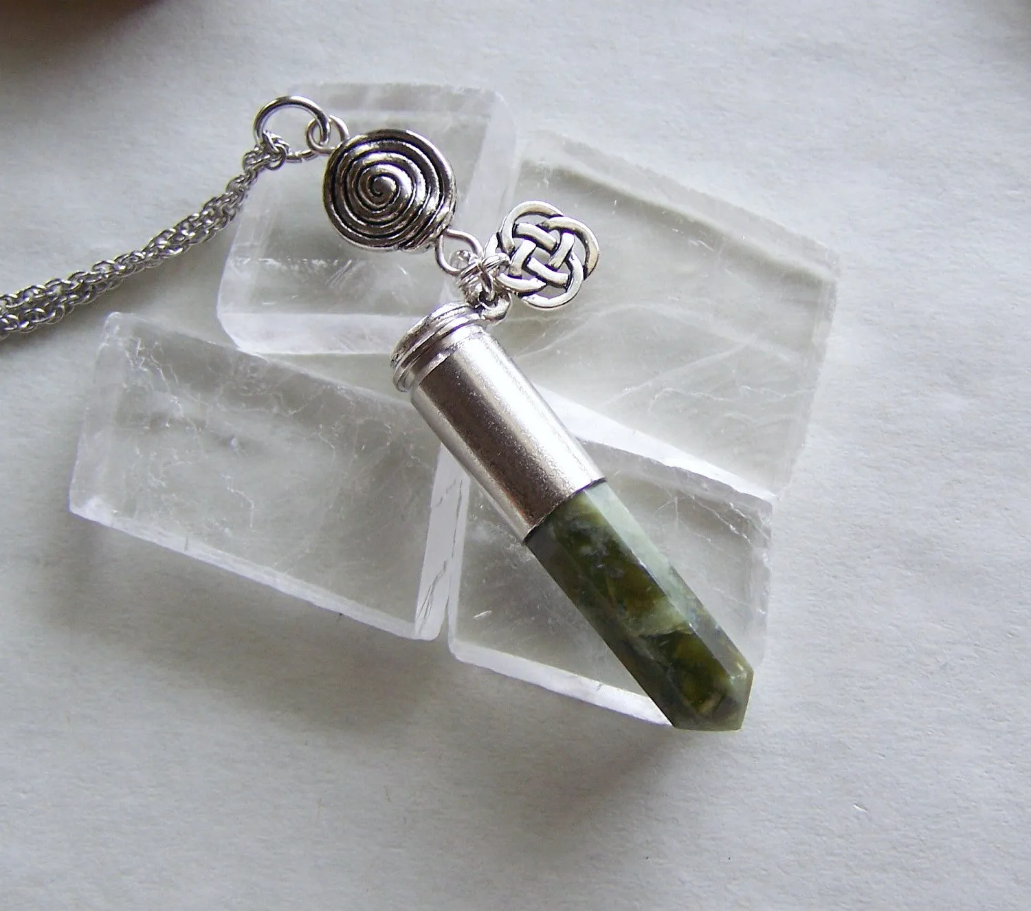 Green Jade Celtic Spiral Bullet Pendant Necklace