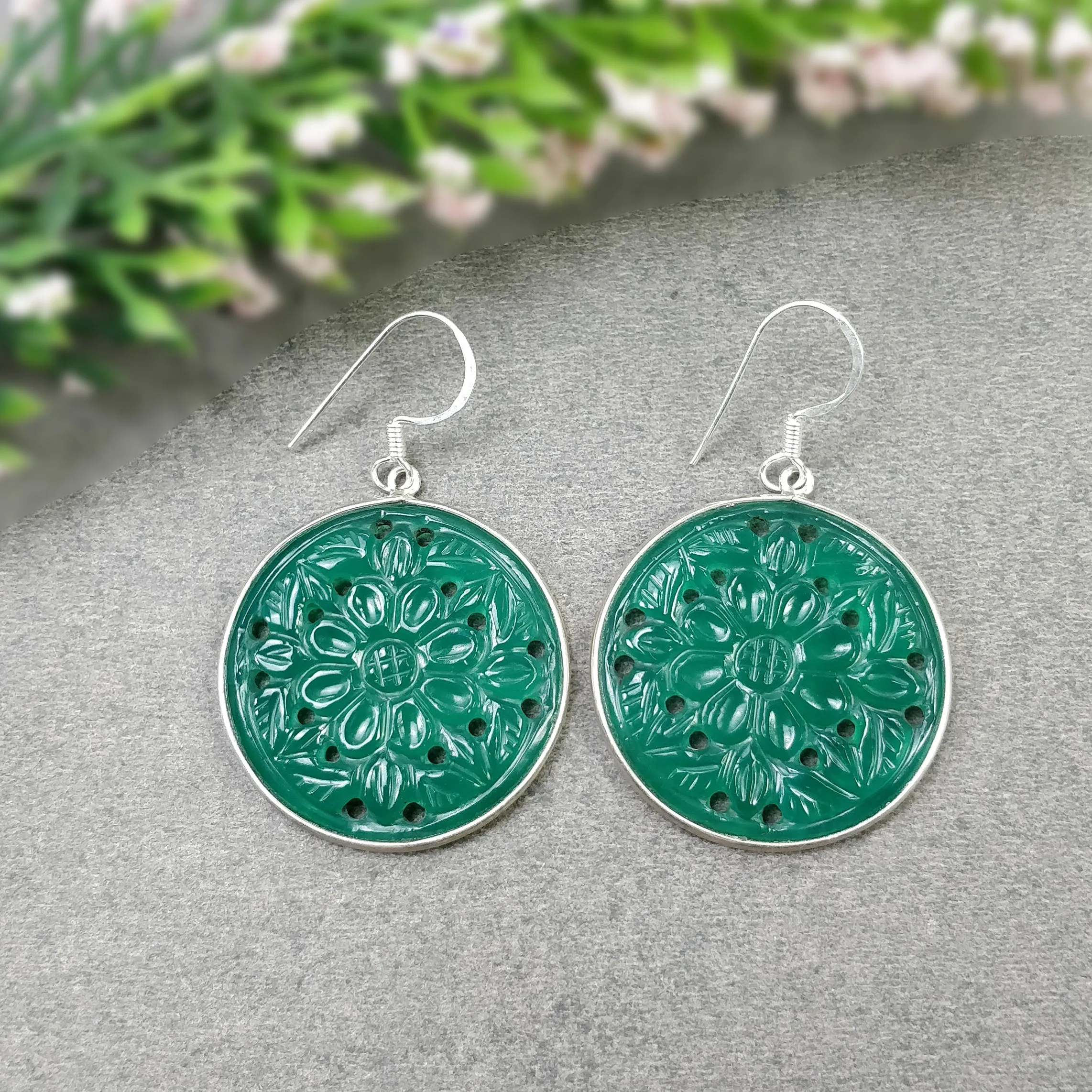 GREEN ONYX Gemstone Earring : 12.36gms 925 Sterling Silver Round Shape Hand Carved Bezel Set Drop Dangle Hook Earring 2"