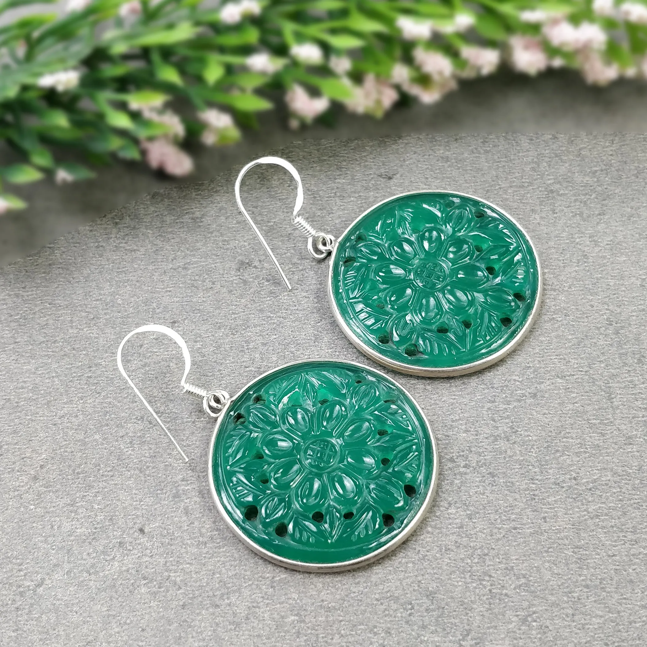 GREEN ONYX Gemstone Earring : 12.36gms 925 Sterling Silver Round Shape Hand Carved Bezel Set Drop Dangle Hook Earring 2"