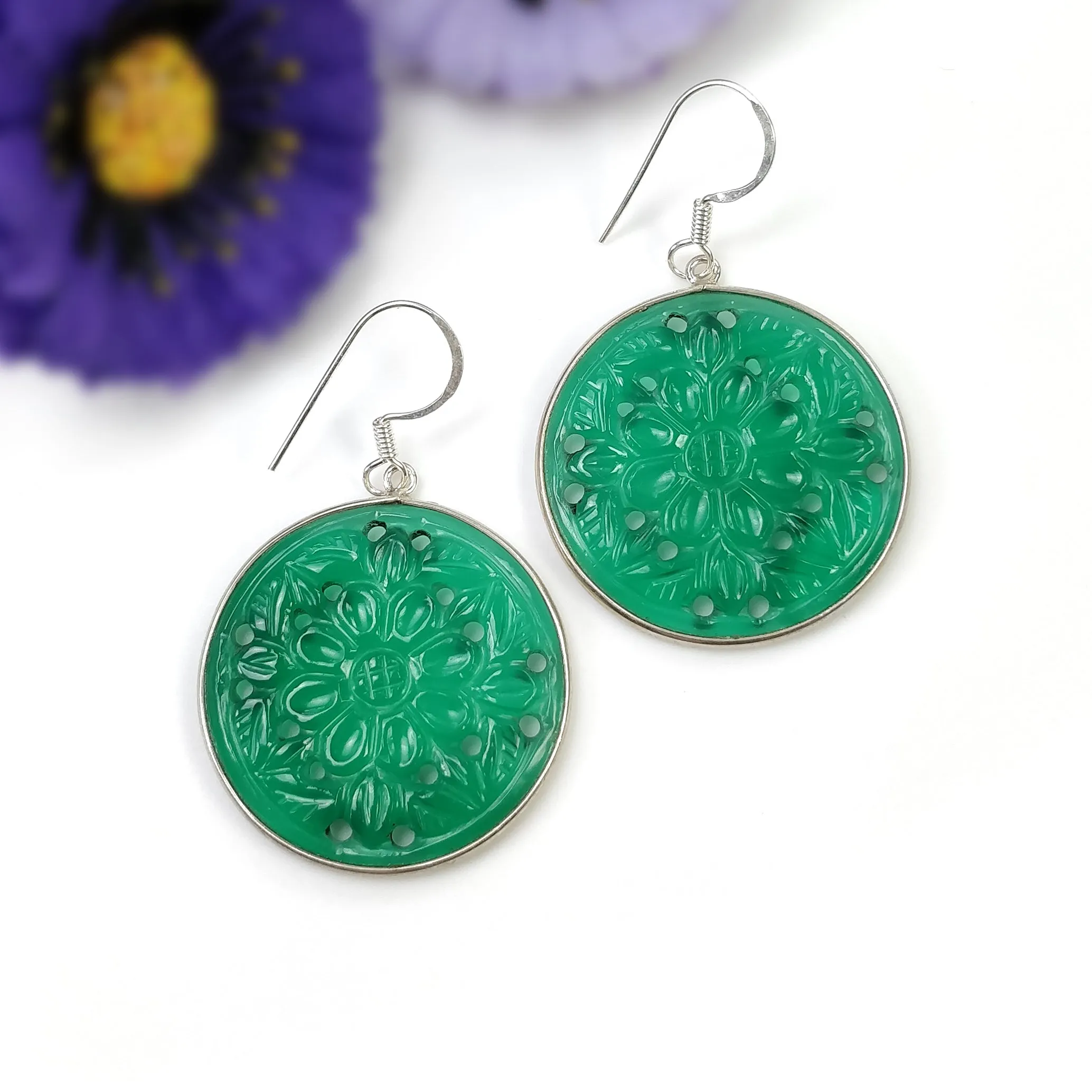 GREEN ONYX Gemstone Earring : 12.36gms 925 Sterling Silver Round Shape Hand Carved Bezel Set Drop Dangle Hook Earring 2"