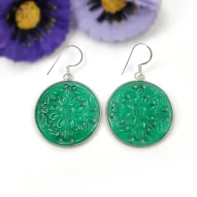 GREEN ONYX Gemstone Earring : 12.36gms 925 Sterling Silver Round Shape Hand Carved Bezel Set Drop Dangle Hook Earring 2"