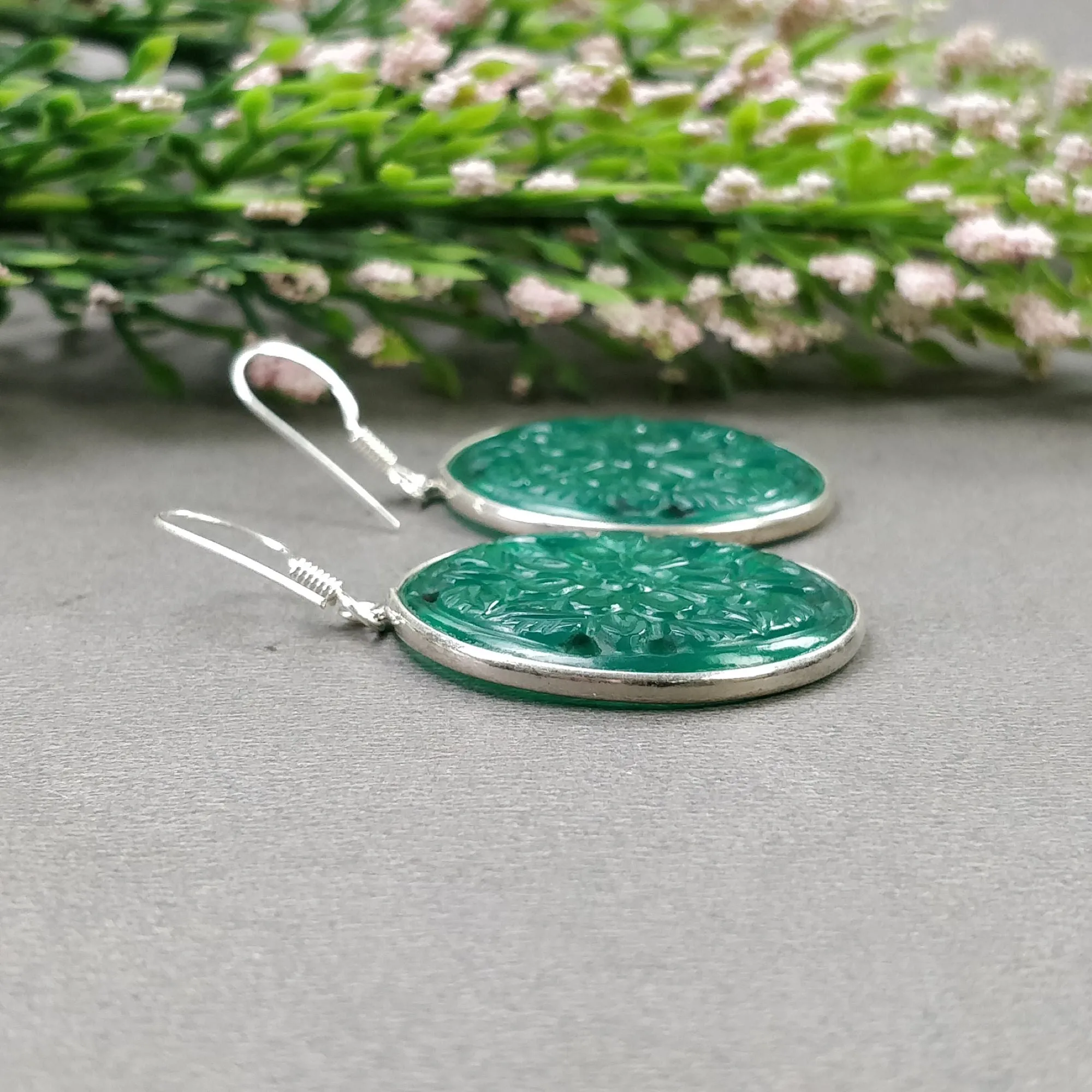 GREEN ONYX Gemstone Earring : 12.36gms 925 Sterling Silver Round Shape Hand Carved Bezel Set Drop Dangle Hook Earring 2"