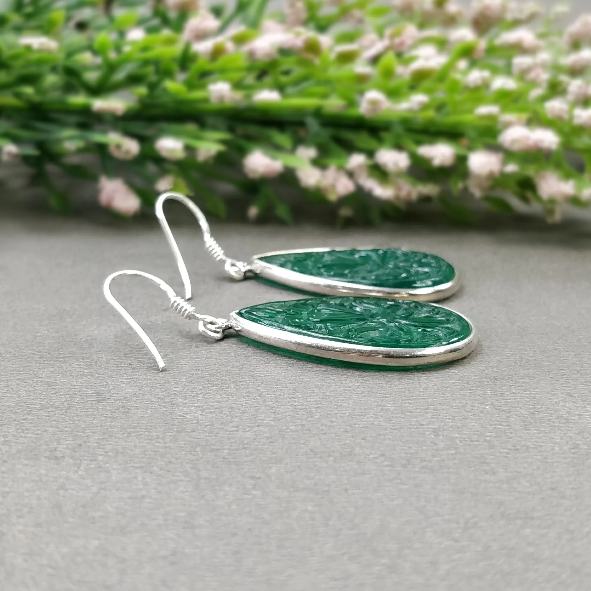 GREEN ONYX Gemstone Earring : 6.84gms 925 Sterling Silver Pear Shape Hand Carved Bezel Set Drop Dangle Hook Earring 1.85"