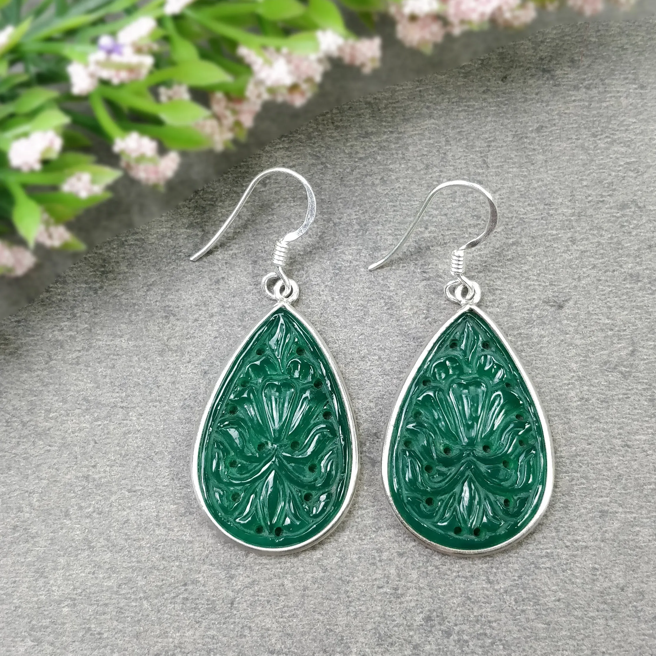 GREEN ONYX Gemstone Earring : 6.84gms 925 Sterling Silver Pear Shape Hand Carved Bezel Set Drop Dangle Hook Earring 1.85"