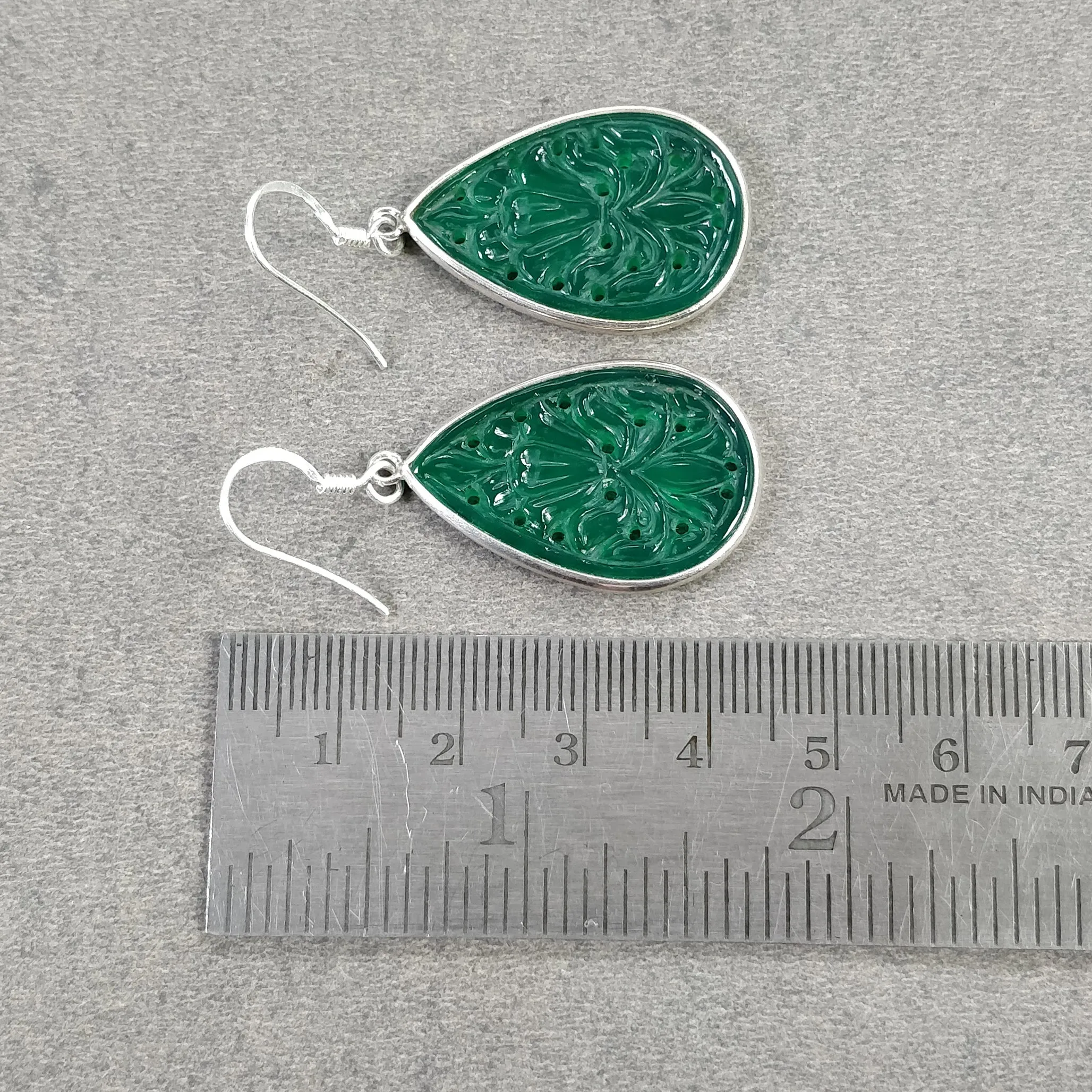 GREEN ONYX Gemstone Earring : 6.84gms 925 Sterling Silver Pear Shape Hand Carved Bezel Set Drop Dangle Hook Earring 1.85"