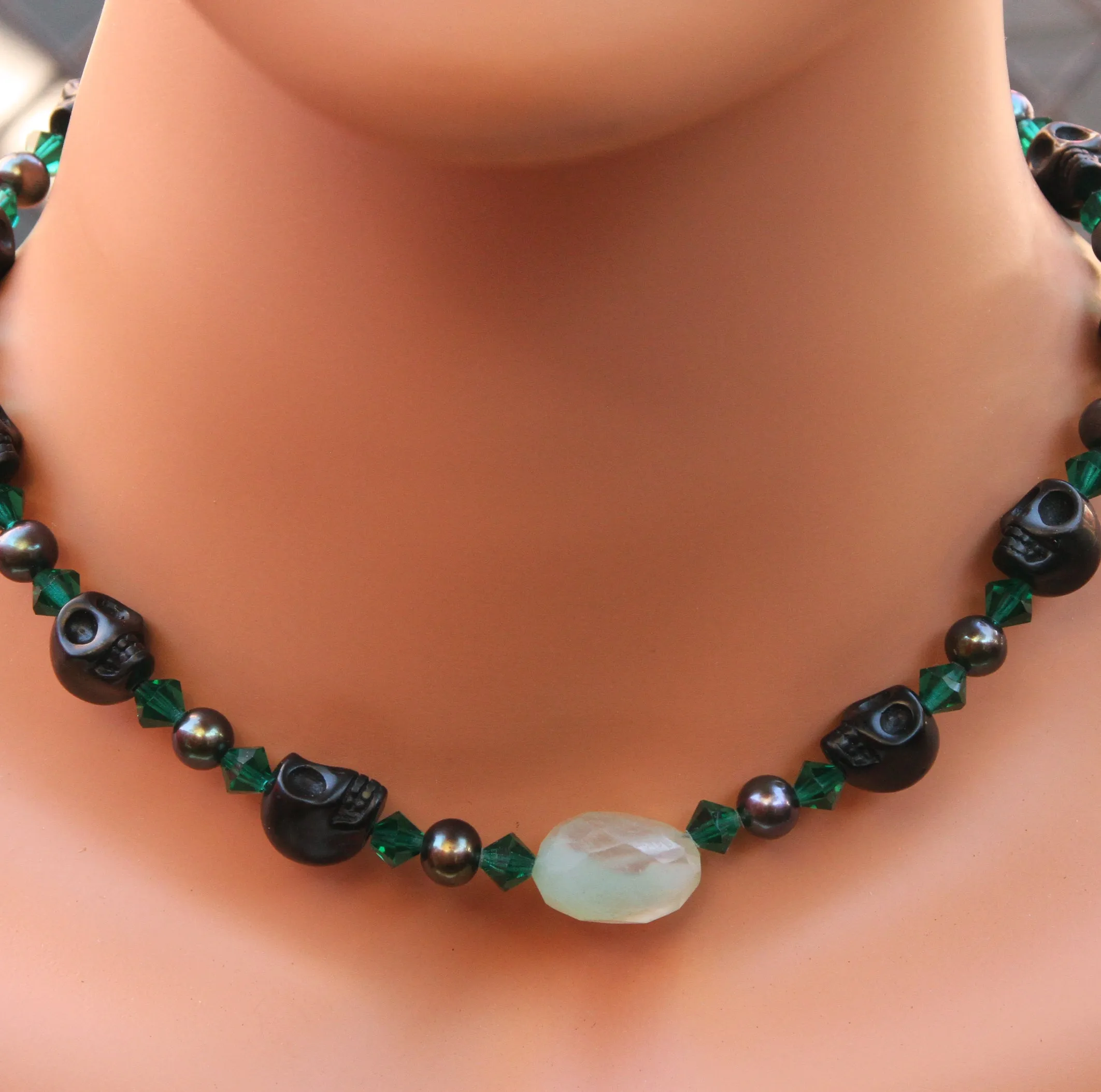 Howlite Skulls, Freshwater Pearls, Swarovski Crystals, And Chalcedony Focal Choker