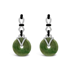 Jadeite, Onyx & Diamond Earrings