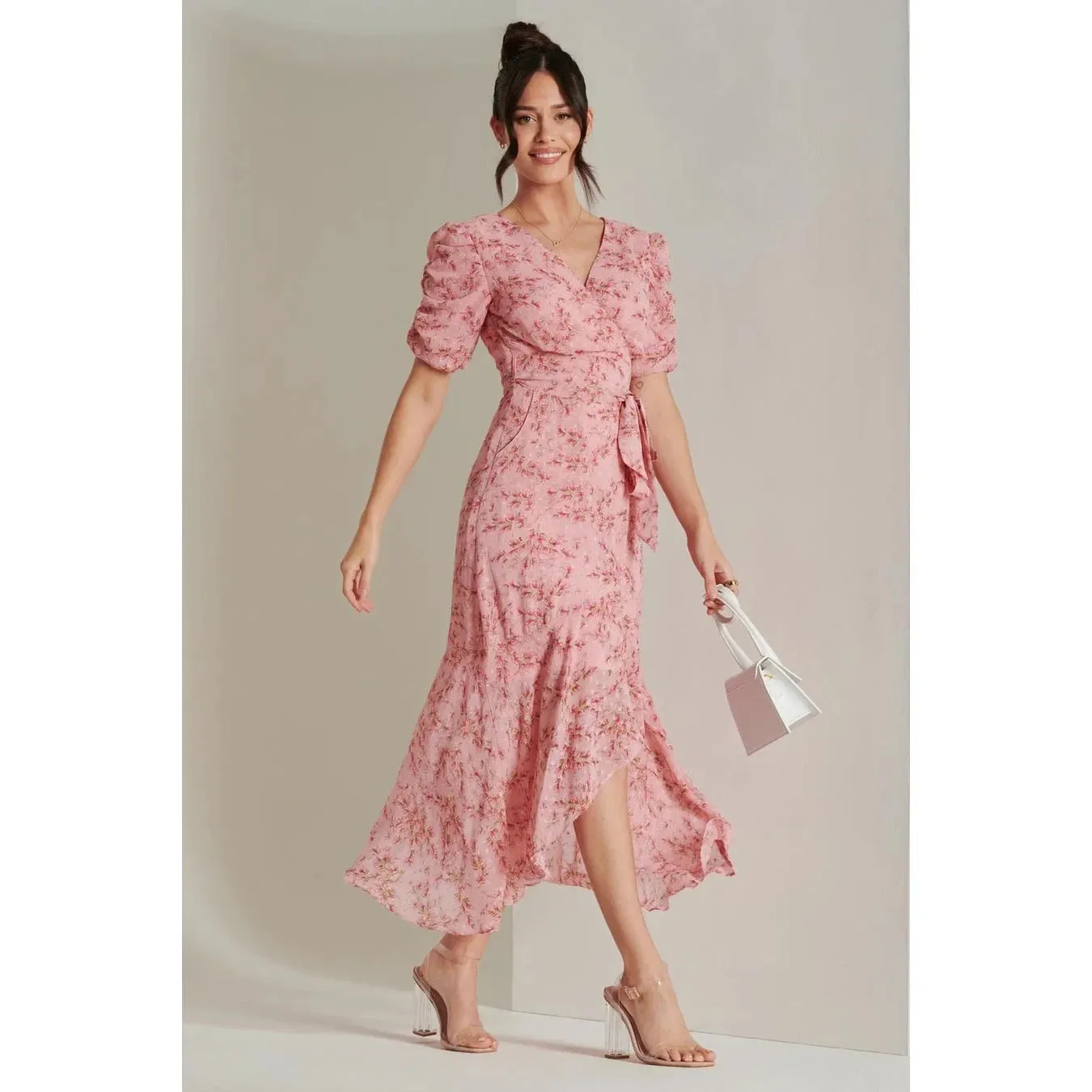 Jolie Moi Pink Textured Chiffon Waterfall Wrap Dress