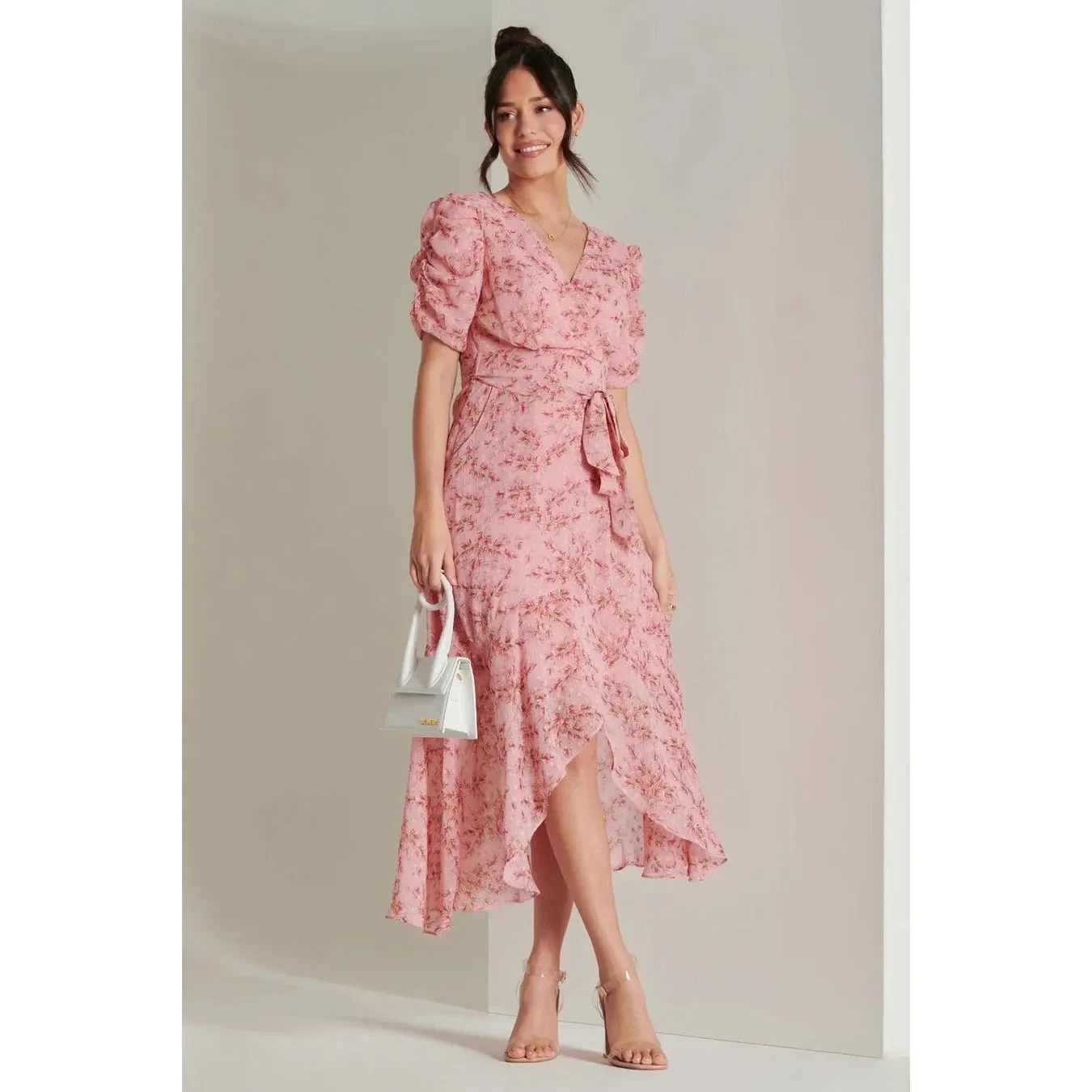 Jolie Moi Pink Textured Chiffon Waterfall Wrap Dress