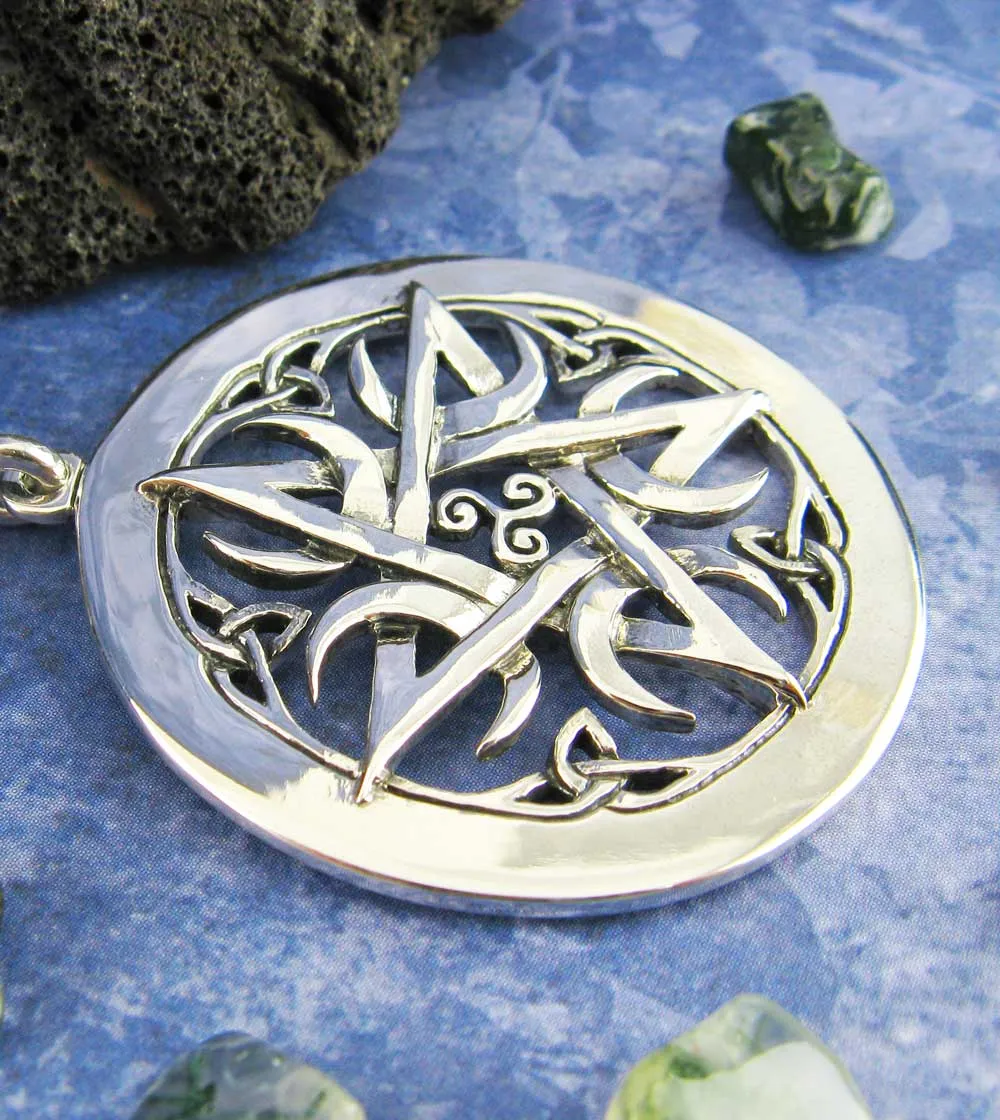 Large 1.5 Five Crescent Moons Celtic Pentacle Pendant, Engravable, Handmade