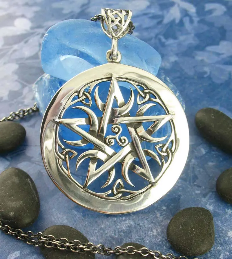 Large 1.5 Five Crescent Moons Celtic Pentacle Pendant, Engravable, Handmade