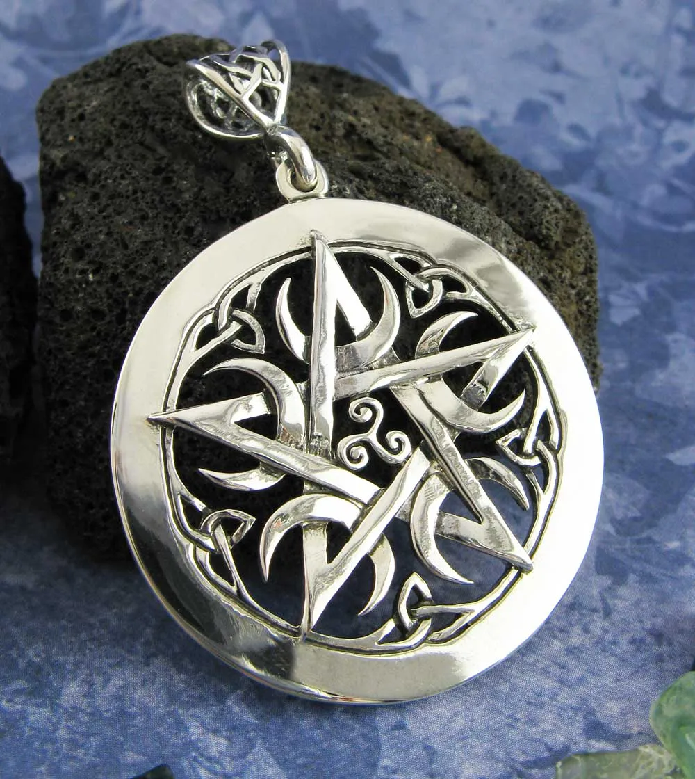 Large 1.5 Five Crescent Moons Celtic Pentacle Pendant, Engravable, Handmade